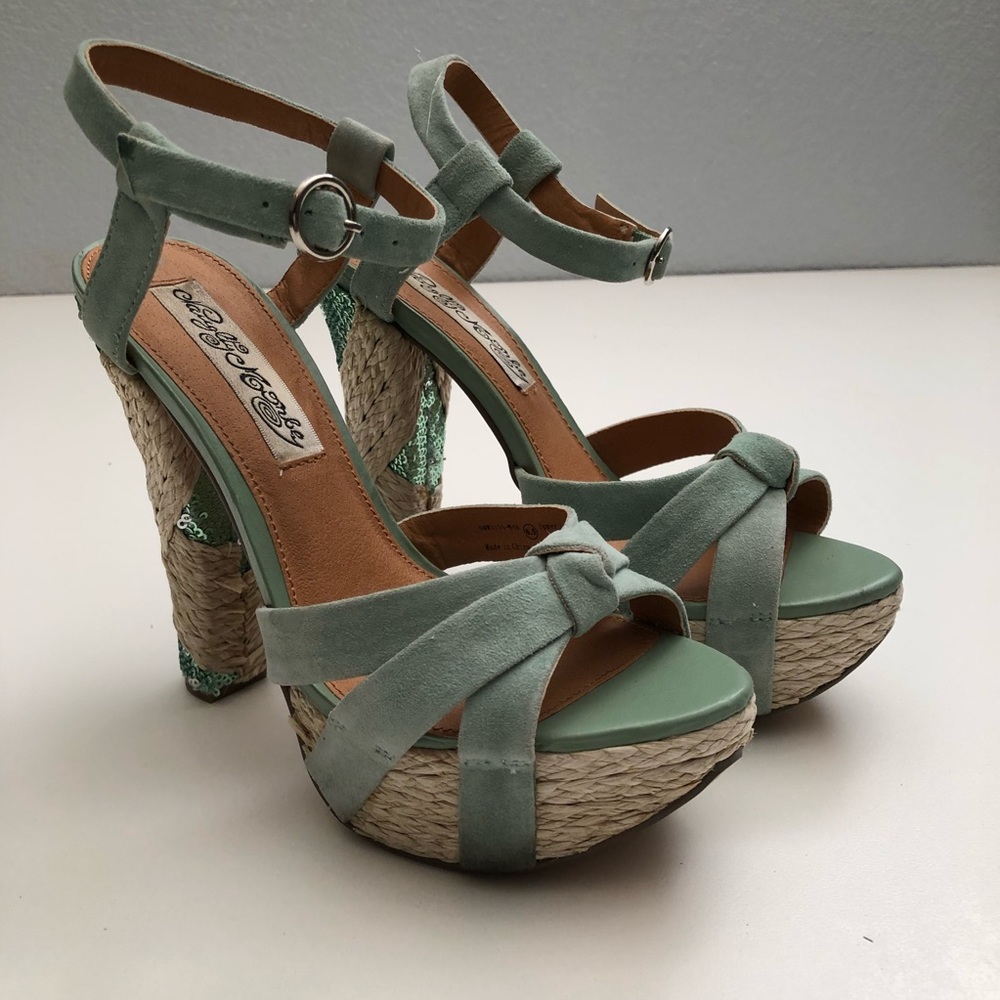 Naughty Monkey Green Suede Woven Platform Heels
